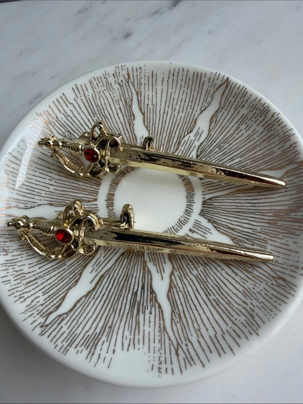 Sword gold Brooches with red rhinestone accents- whimsigoth